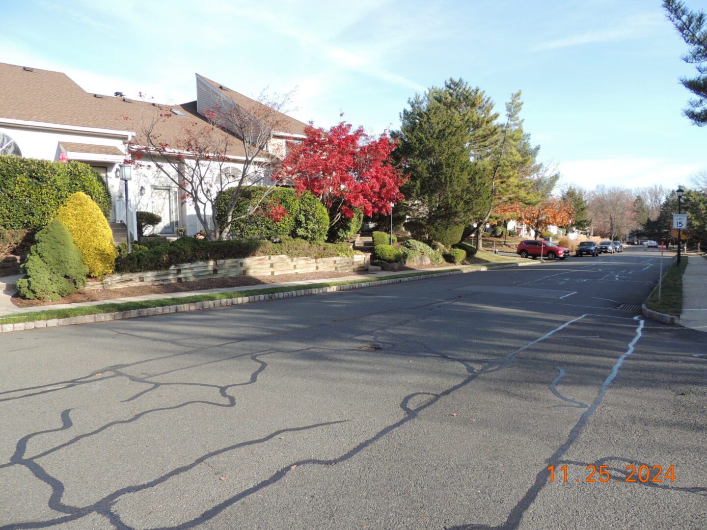 Residential street view with houses, trees, and a sidewalk under a clear sky. A tree with red leaves is prominent. Cracked pavement lines the road. Date imprint shows November 25, 2024.