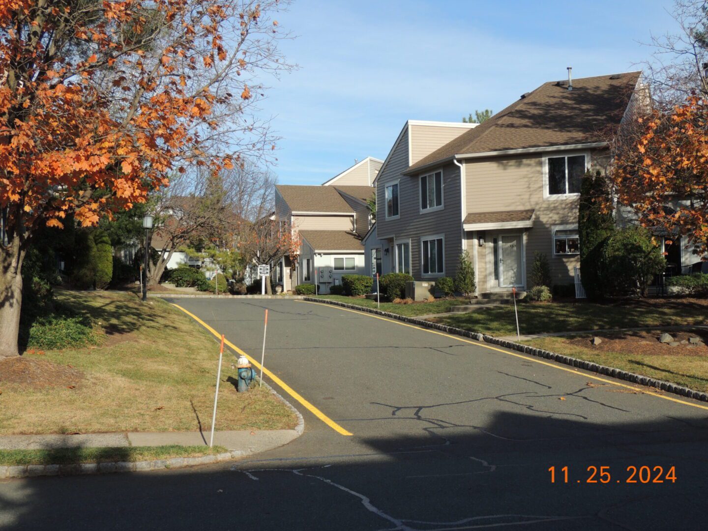 Suburban street with beige houses on both sides, autumn trees, and lawn areas. Date on photo: November 25, 2024.