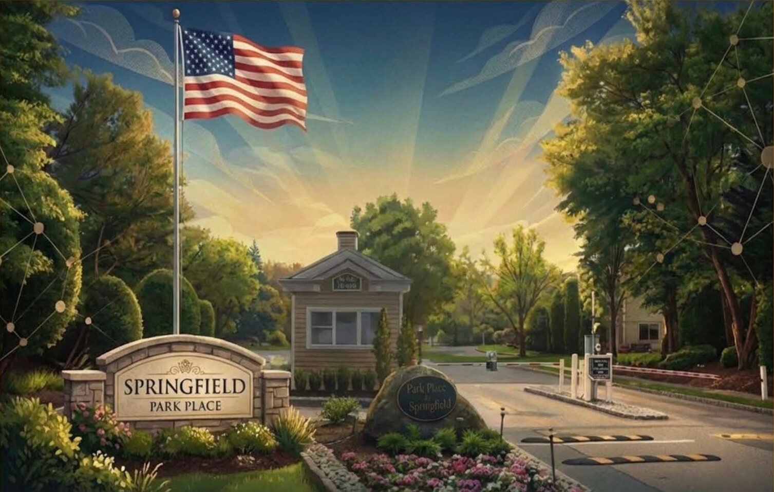American flag flying at the entrance to Springfield Park Place, a gated residential community with a guardhouse, landscaping, and clear morning sky.
